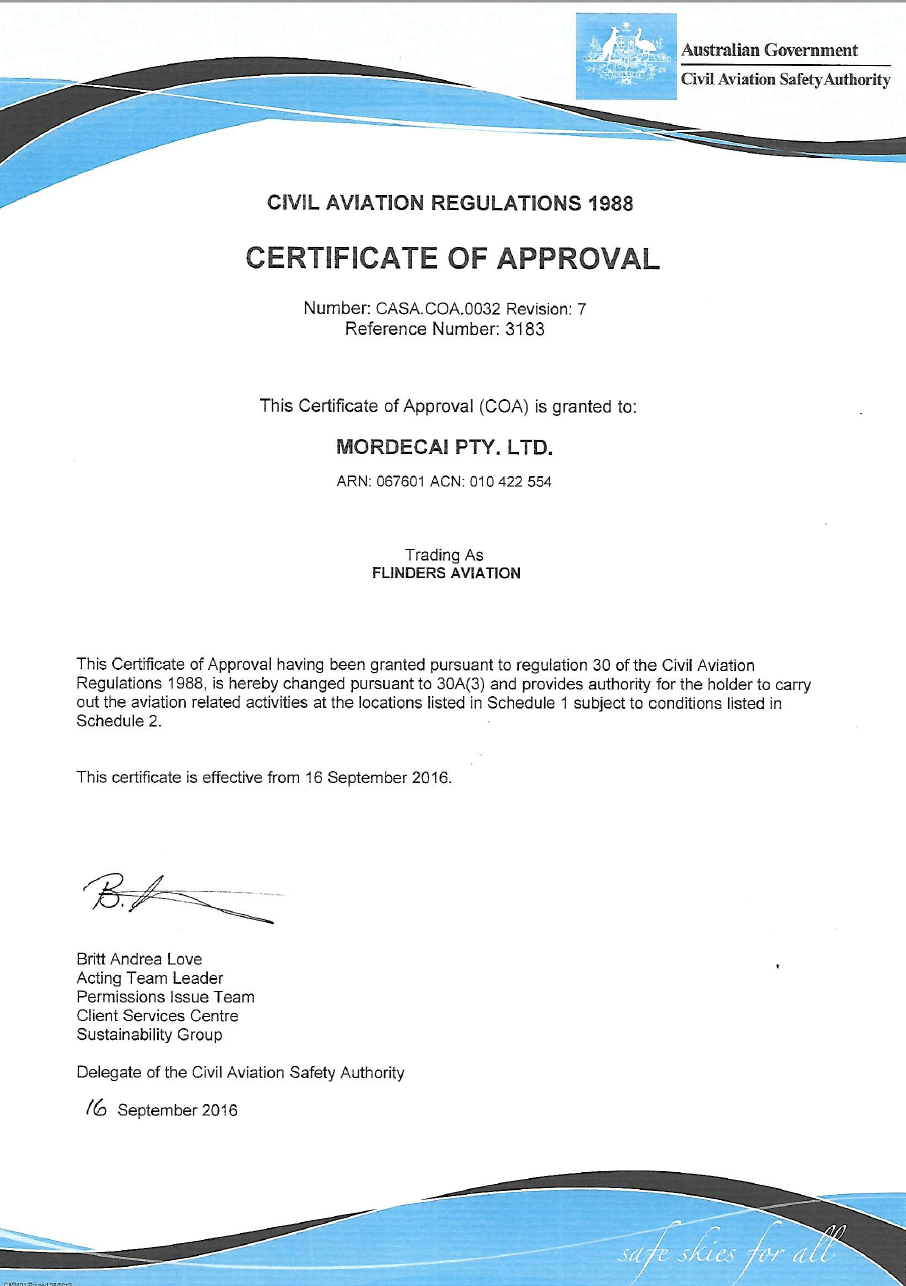 Certificate of Approval flindersaviation com au